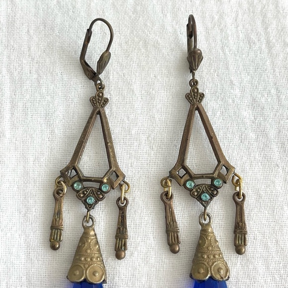 Vintage Czech Blue Glass, Brass & Rhinestone Art Deco Dangle Earrings - Picture 2 of 7
